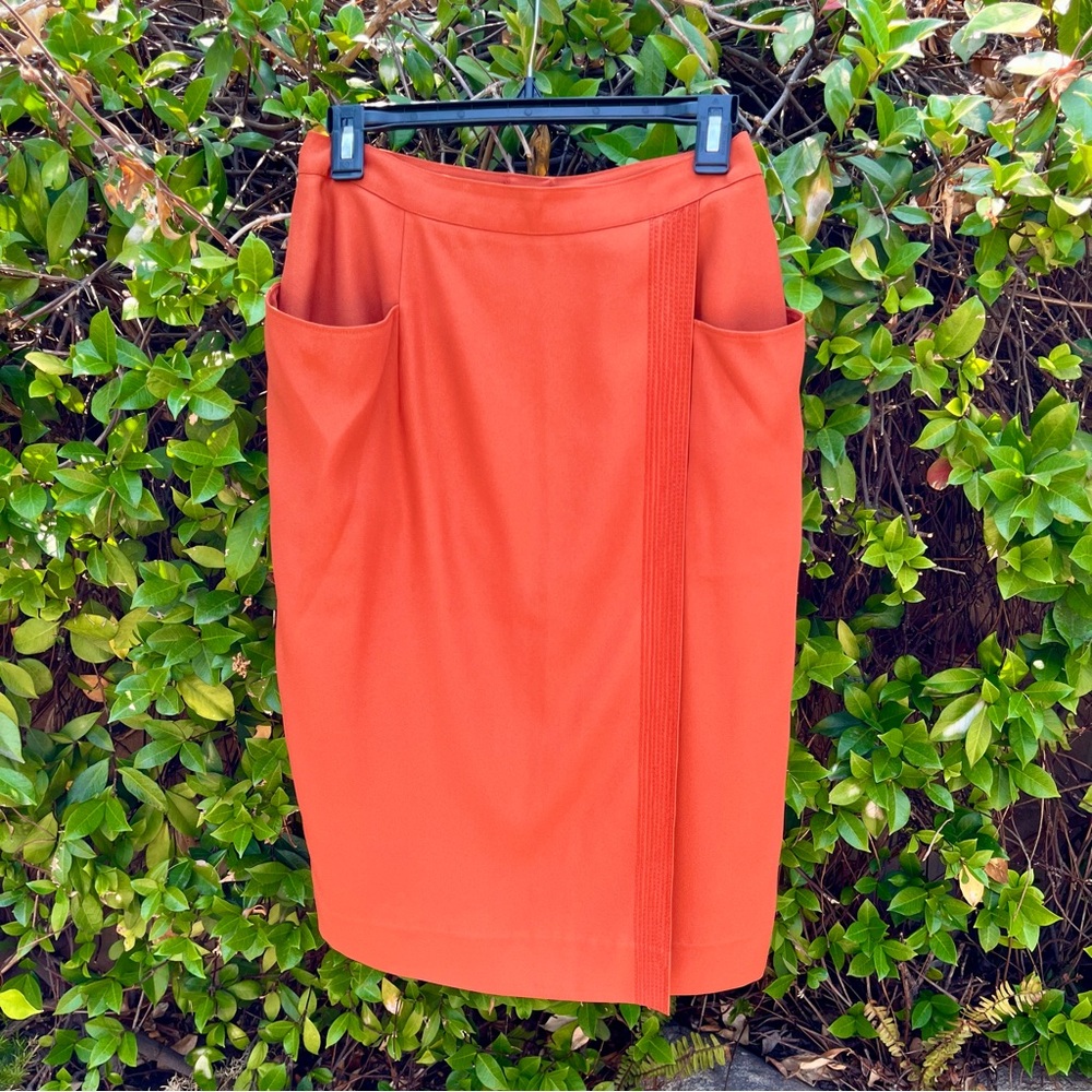 Vintage Orange Straight Faux Wrap Midi Skirt with Front Pockets